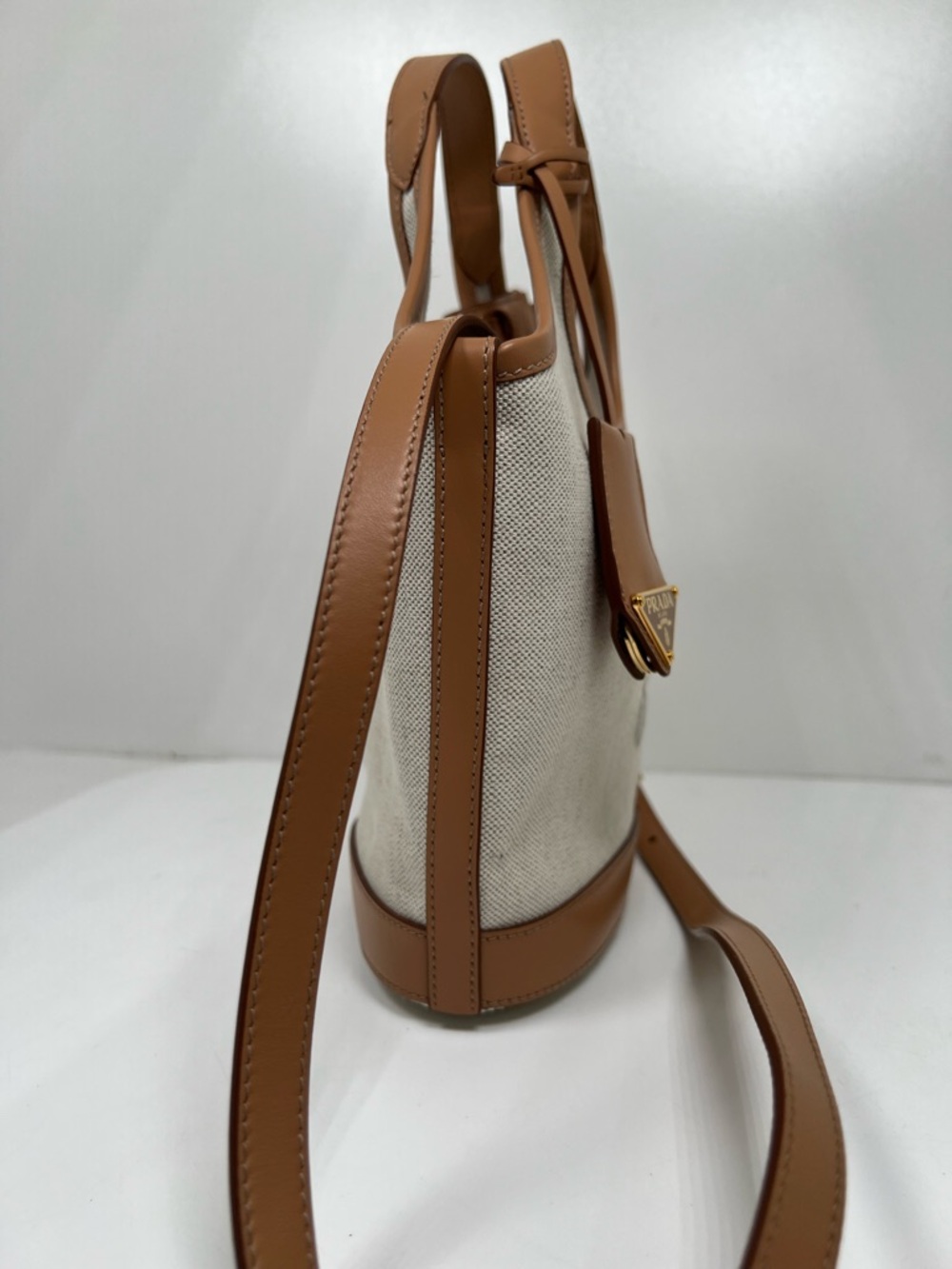 Prada Medium Canvas Leather Logo Tote Bag Natural Tan Crossbody Shoulder Italy - Picture 4 of 13